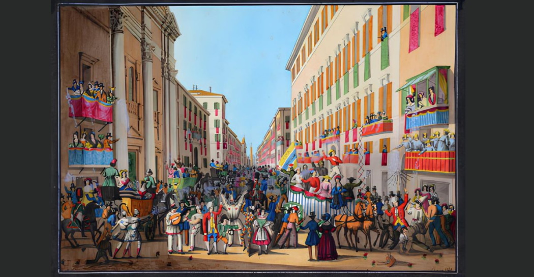 Maschere e carrozze a San Carlo al Corso durante carnevale, di Stanislavo Morelli (stampa 1841)
